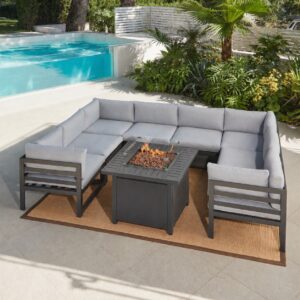 Faro 8 Seat Aluminium Modular Garden Sofa Set with Steel Fire Pit Table, Grey