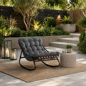Alternative view of Marbella Garden Rocking Chair Set of 2 with Fire Pit Table, Dark Grey Cushions