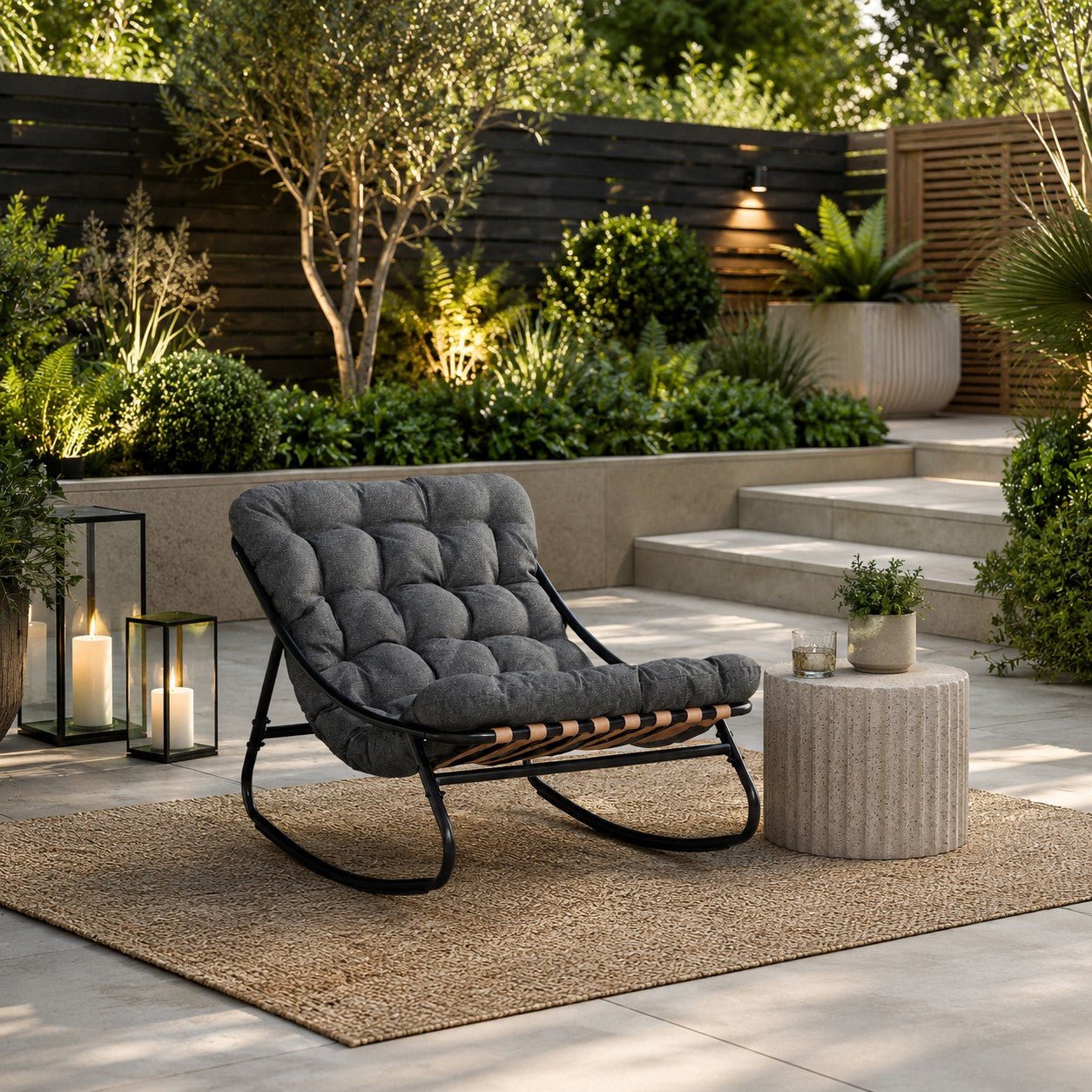 Marbella Garden Rocking Chair Set of 2 with Fire Pit Table, Dark Grey Cushions - Image 2