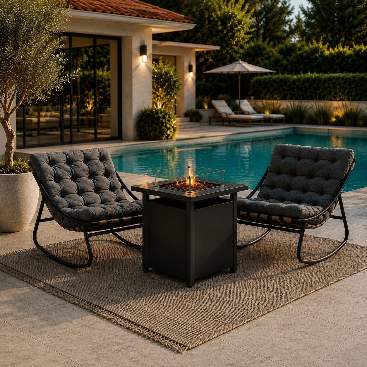 Marbella Garden Rocking Chair Set of 2 with Fire Pit Table, Dark Grey Cushions