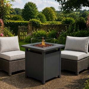 Hadley Armless Rattan Chair Set of 2 With Fire Pit Table, Grey
