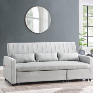 Devon Velvet Pull-Out Sofa Bed, Grey Linen