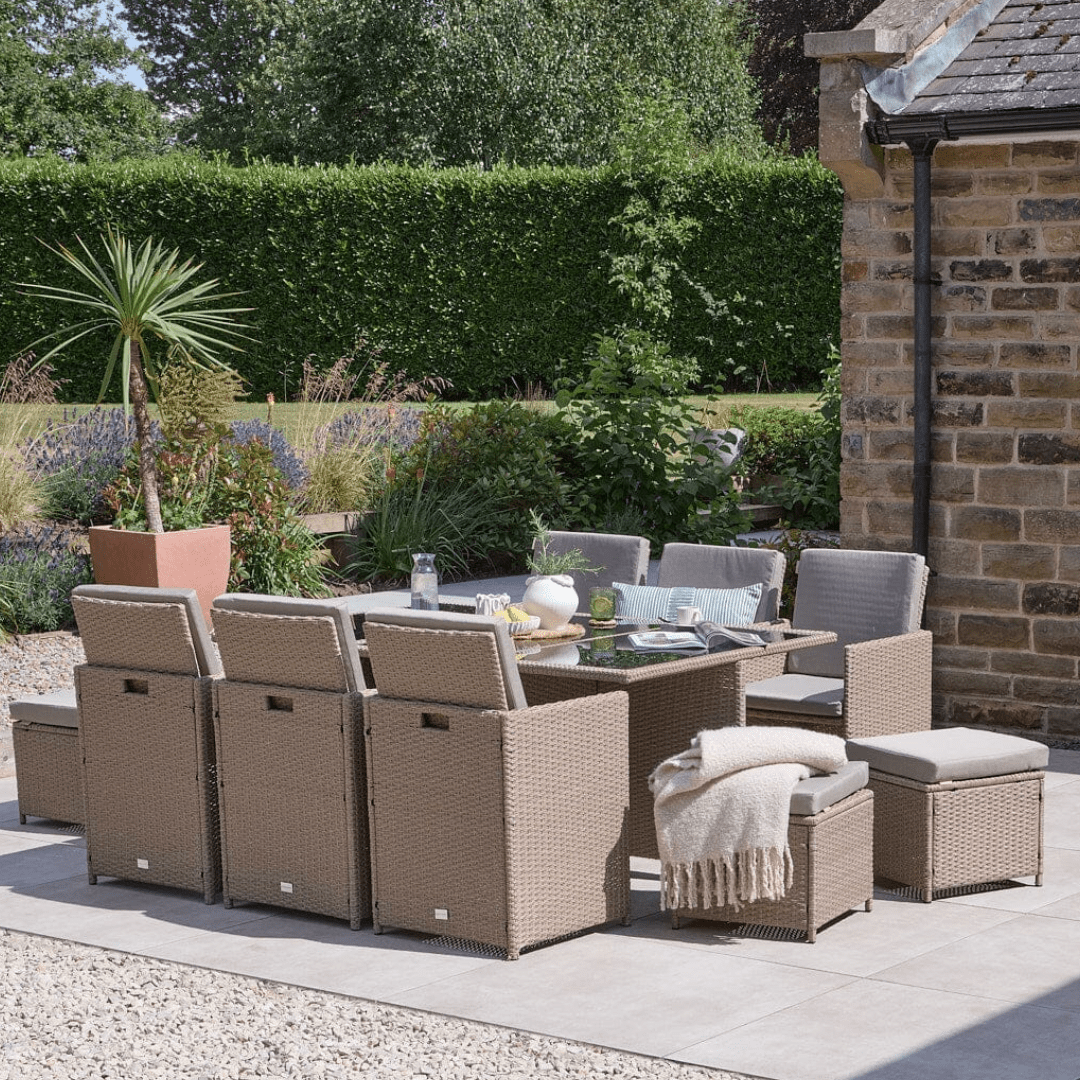 Cube 10 Seater Rattan Outdoor Dining Set -  Natural Brown Weave
