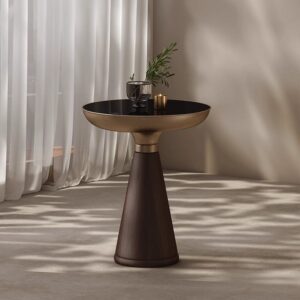 Round Glass Side Table with Solid Wood Base – Bronze Finish