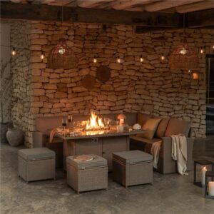 Aston 9 Seater Rattan Garden Corner Sofa Set with Fire Pit - Brown Weave