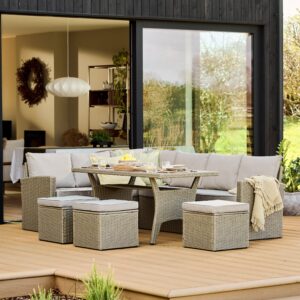 Aston 9 Seater Rattan Garden Corner Dining Set - Light Grey with Polywood Top