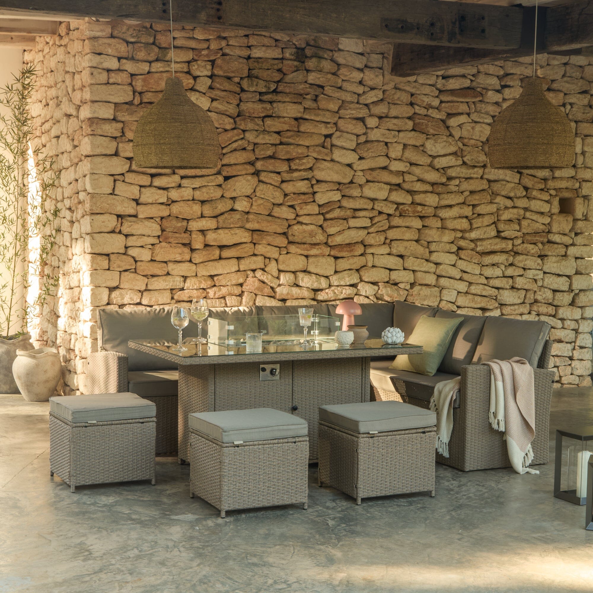Aston 9 Seater Rattan Garden Corner Sofa Set with Fire Pit - Brown Weave - Image 3