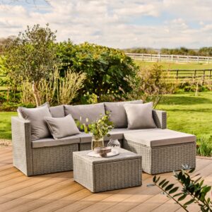 Weston 4 Seater Rattan Garden Corner Sofa Set - Light Grey with Stone Grey Cushions