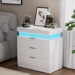 Bedside Table with Charging Station and LED Lights – White